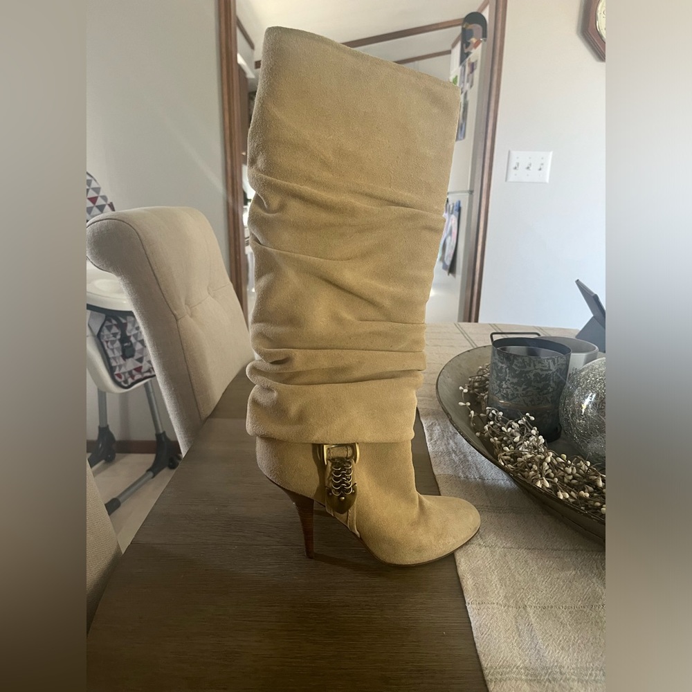 Christian Dior Suede Mid-Calf Slouch Boots with Chain Detail in Beige.